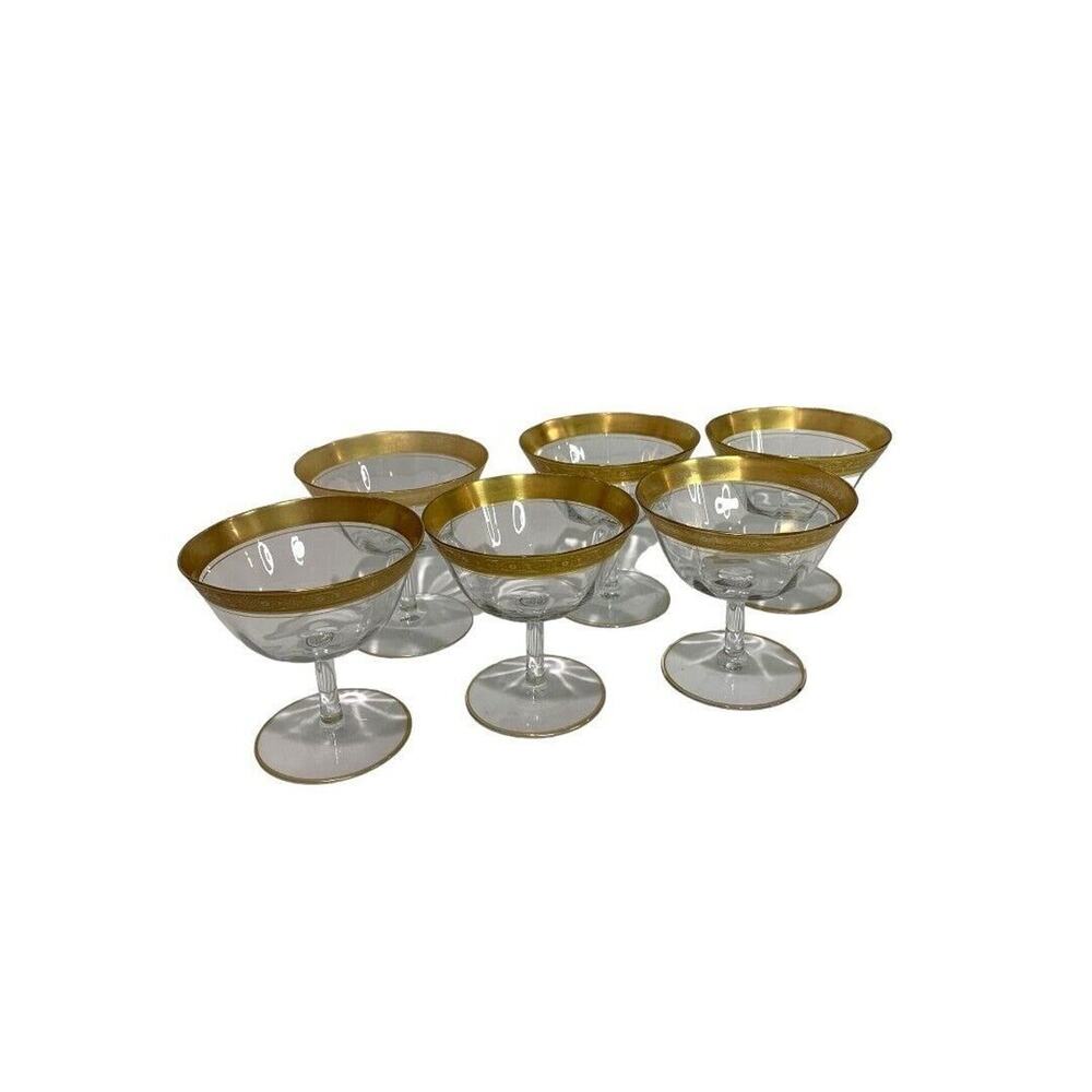 Vintage Gold Rim Floral Crystal Set of 6 Low Sherbet Glasses 4" h Stemmed